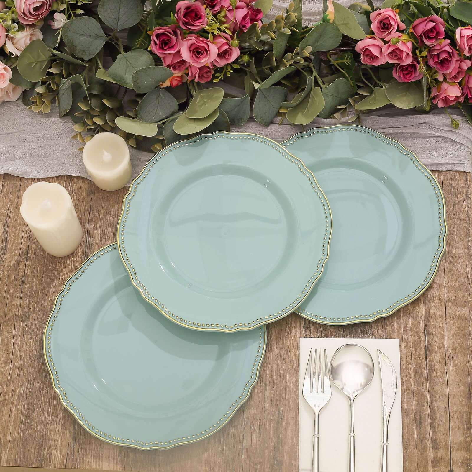 10-Pack Plastic Dinner Plates 9" Jade with Gold Scalloped Rim - Disposable Party Plates - Image 11