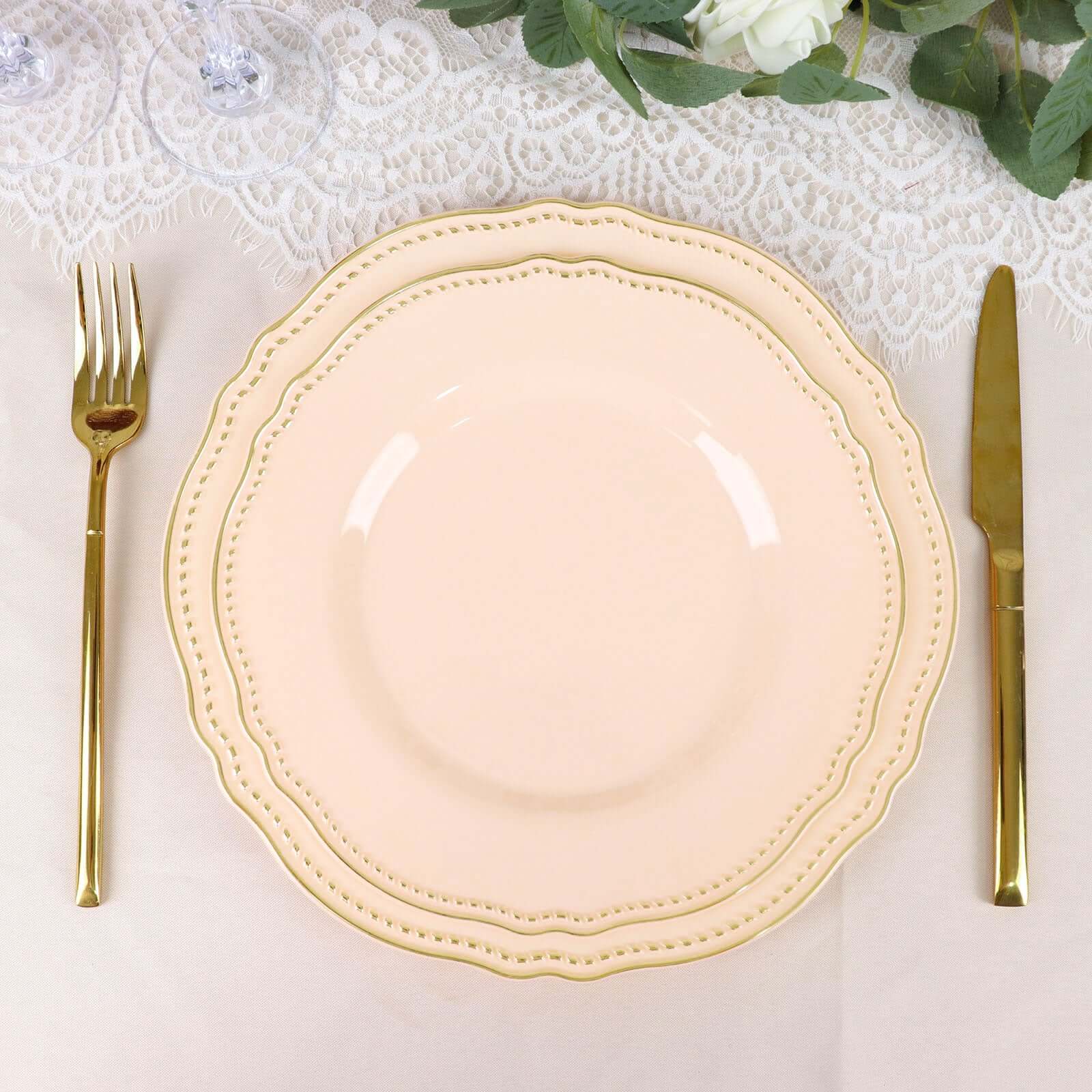10-Pack Plastic Dinner Plates 9" Nude with Gold Scalloped Rim - Disposable Party Plates