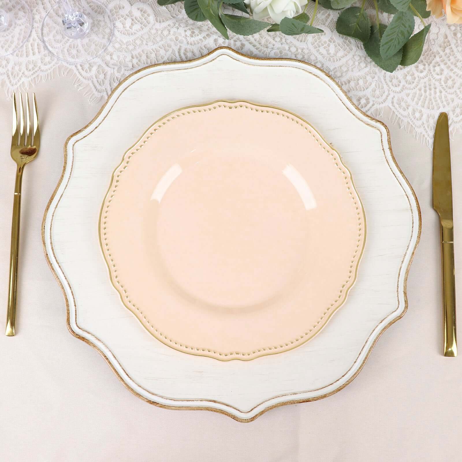10-Pack Plastic Dinner Plates 9" Nude with Gold Scalloped Rim - Disposable Party Plates - Image 10