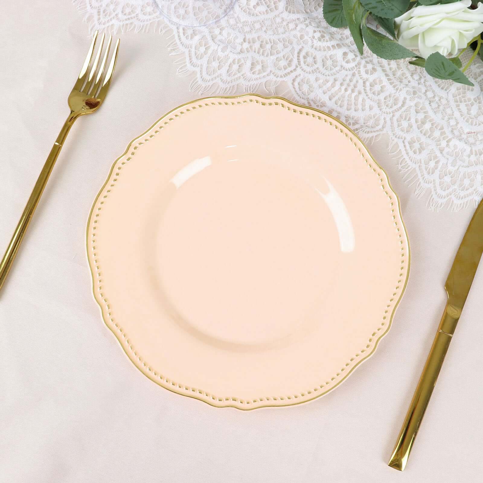 10-Pack Plastic Dinner Plates 9" Nude with Gold Scalloped Rim - Disposable Party Plates - Image 12