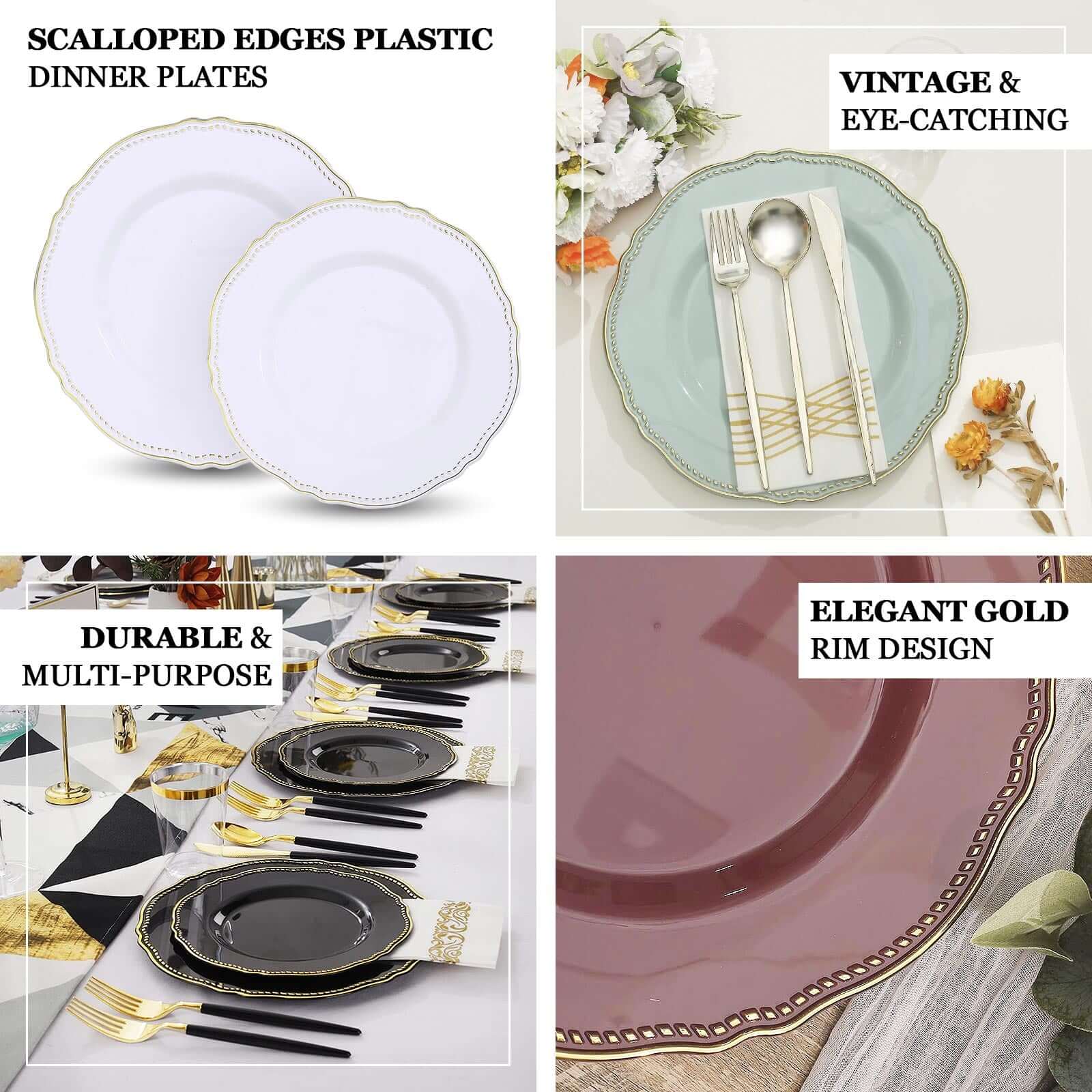 10-Pack Plastic Dinner Plates 9" Nude with Gold Scalloped Rim - Disposable Party Plates - Image 4