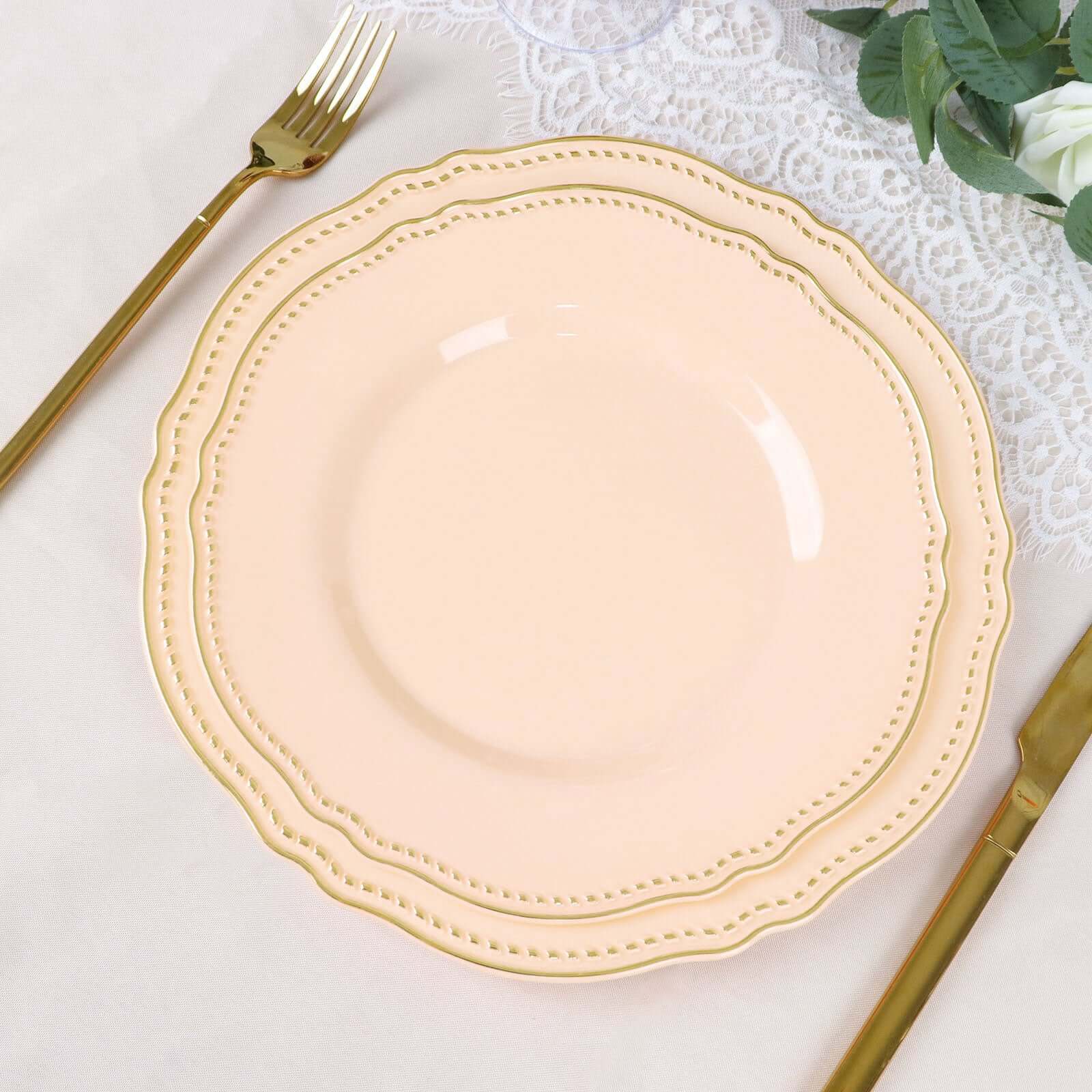10-Pack Plastic Dinner Plates 9" Nude with Gold Scalloped Rim - Disposable Party Plates - Image 5