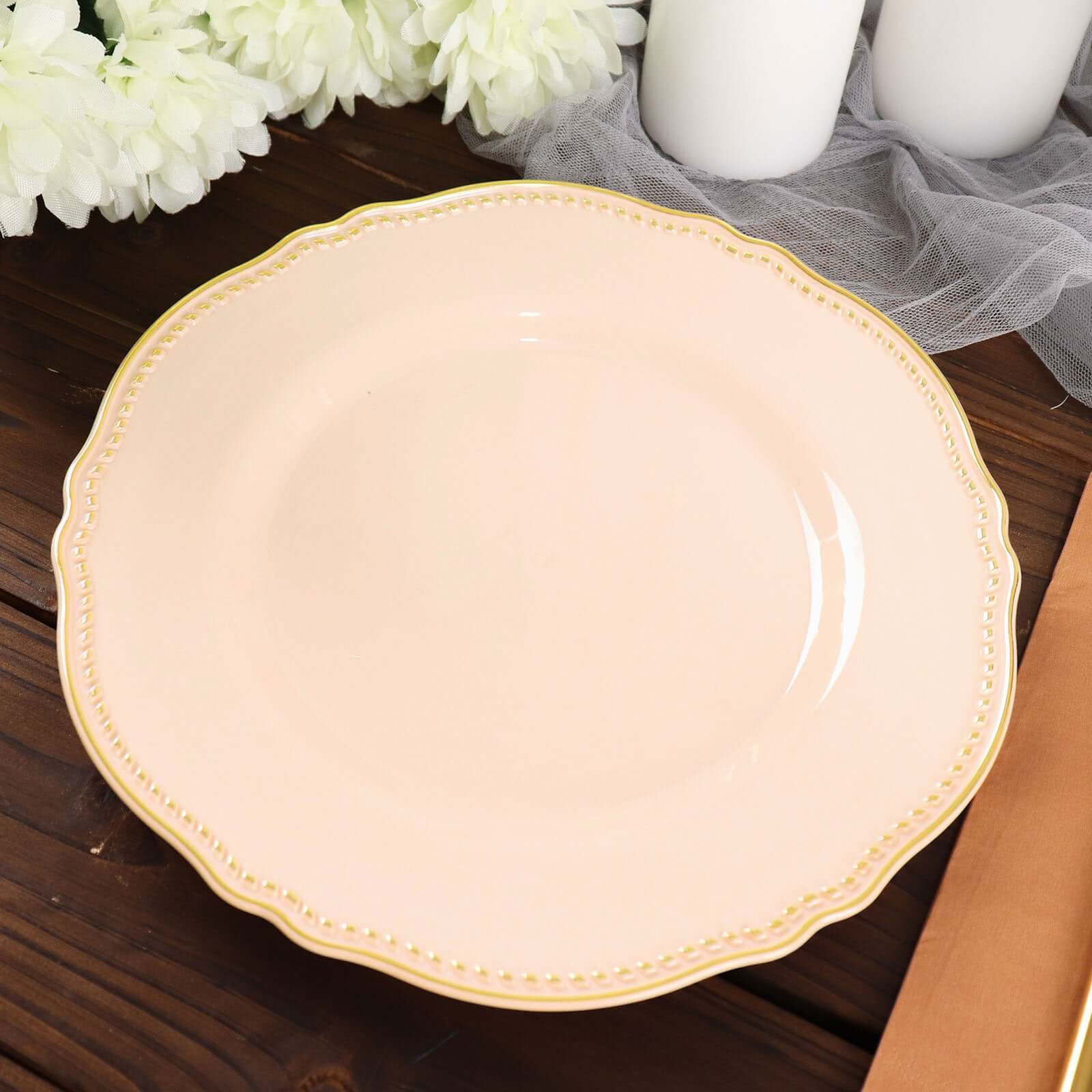 10-Pack Plastic Dinner Plates 9" Nude with Gold Scalloped Rim - Disposable Party Plates - Image 6