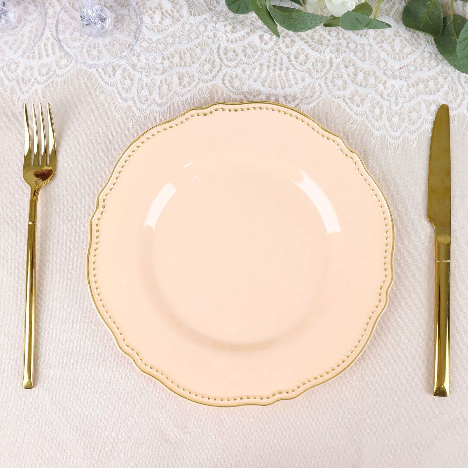 10-Pack Plastic Dinner Plates 9" Nude with Gold Scalloped Rim - Disposable Party Plates - Image 8