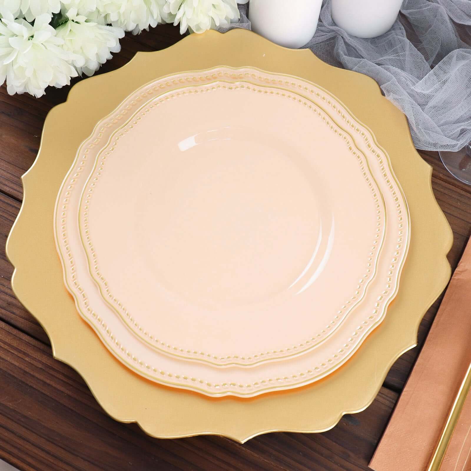 10-Pack Plastic Dinner Plates 9" Nude with Gold Scalloped Rim - Disposable Party Plates - Image 9