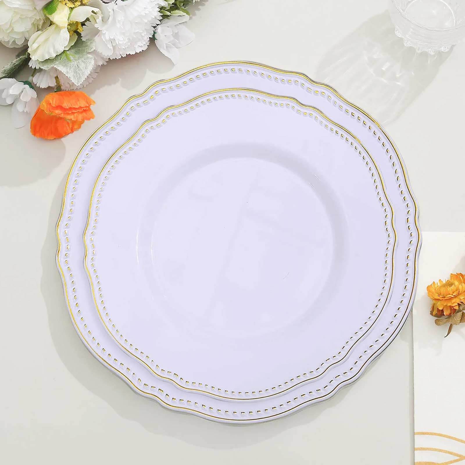 10-Pack Plastic Dinner Plates 9" White with Gold Scalloped Rim - Disposable Party Plates for Classy Buffets & Catered Events