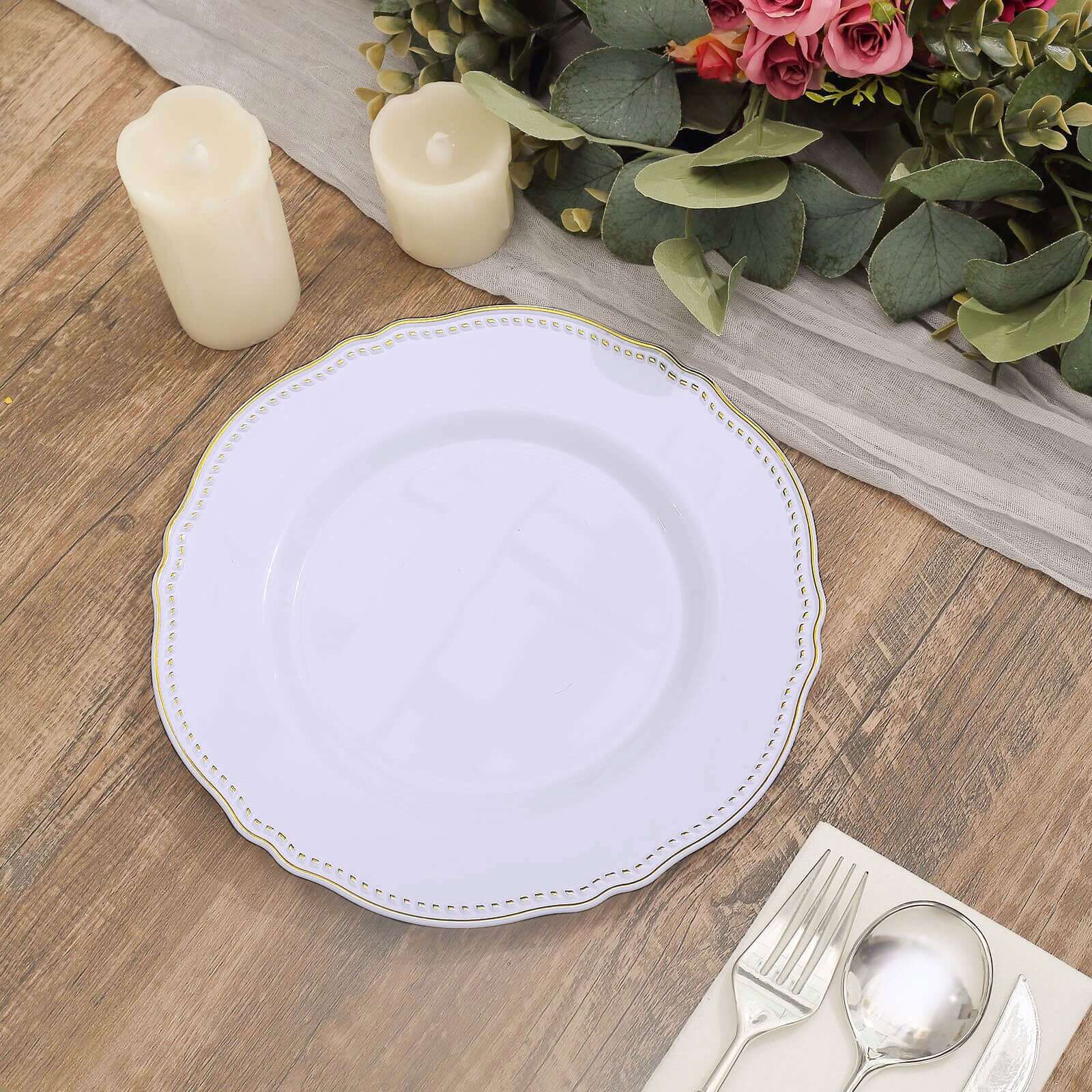 10-Pack Plastic Dinner Plates 9" White with Gold Scalloped Rim - Disposable Party Plates for Classy Buffets & Catered Events - Image 6