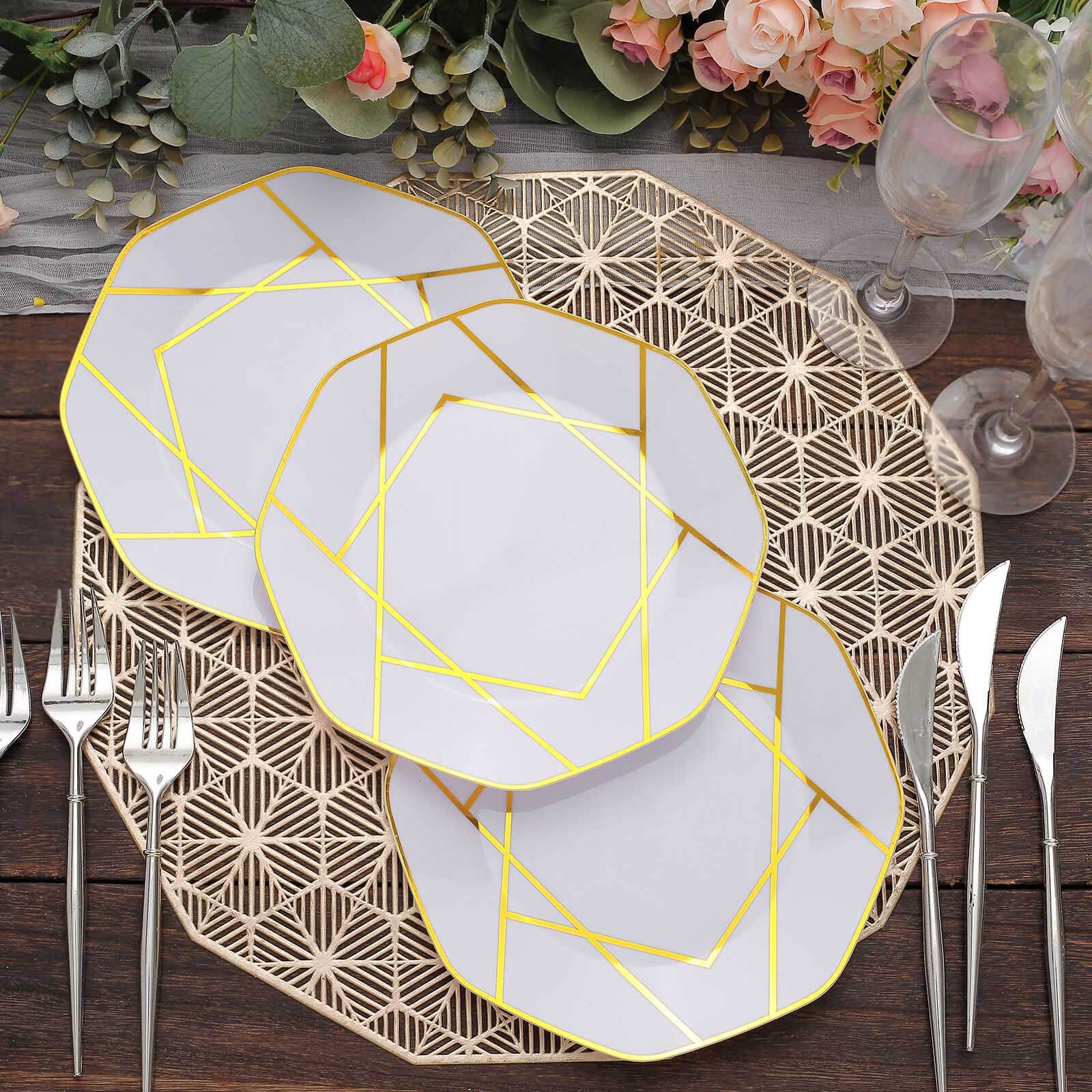 10-Pack Plastic Octagon Dessert Plates 8" White with Gold Geometric Design - Stylish Disposable Salad/Appetizer Plates for Modern & Sophisticated Tablescape - Image 10