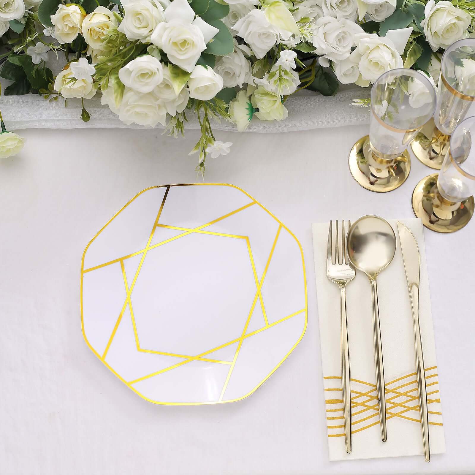 10-Pack Plastic Octagon Dessert Plates 8" White with Gold Geometric Design - Stylish Disposable Salad/Appetizer Plates for Modern & Sophisticated Tablescape - Image 11