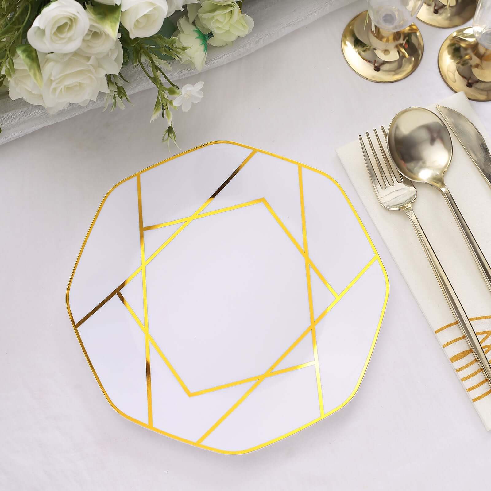 10-Pack Plastic Octagon Dessert Plates 8" White with Gold Geometric Design - Stylish Disposable Salad/Appetizer Plates for Modern & Sophisticated Tablescape - Image 12