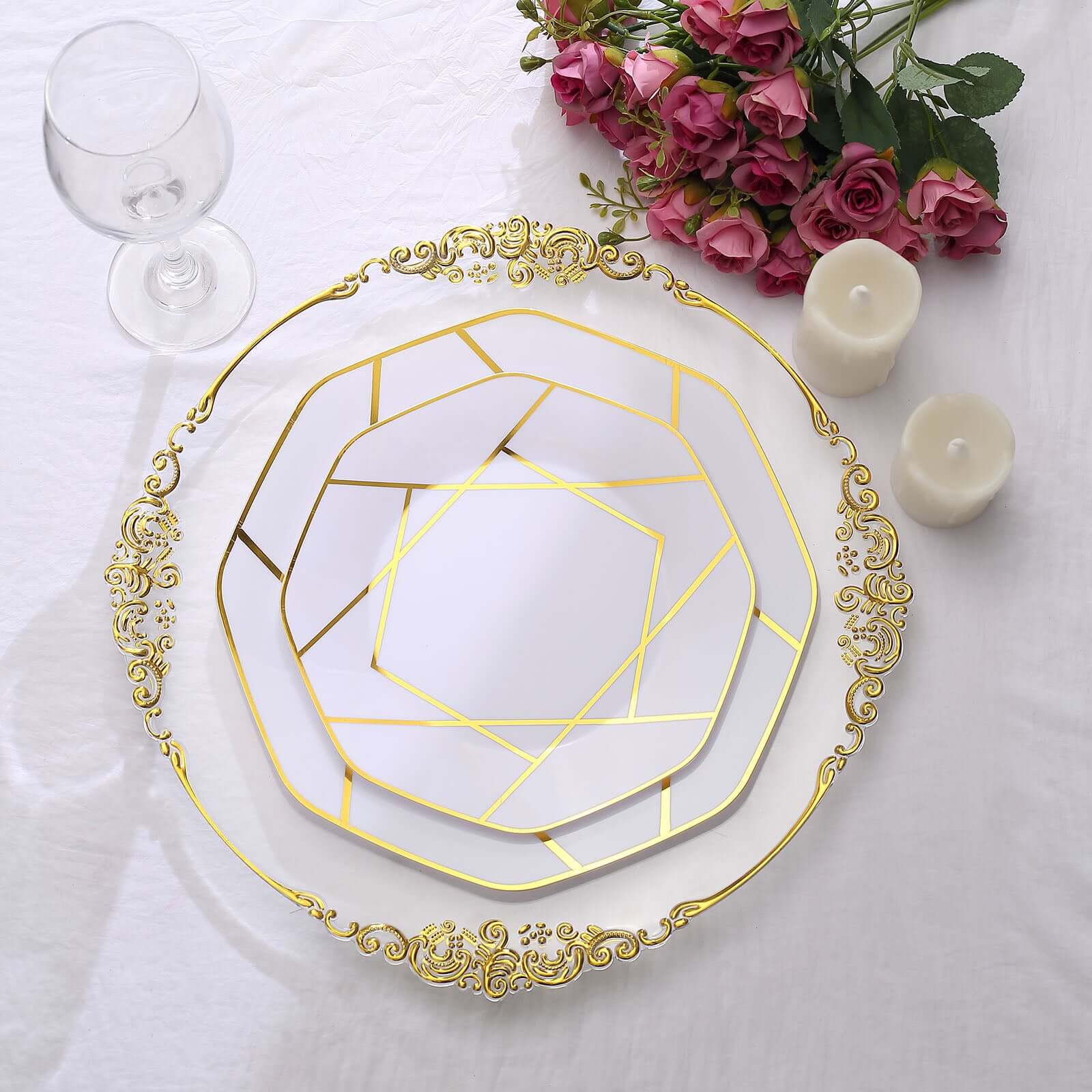 10-Pack Plastic Octagon Dessert Plates 8" White with Gold Geometric Design - Stylish Disposable Salad/Appetizer Plates for Modern & Sophisticated Tablescape - Image 2