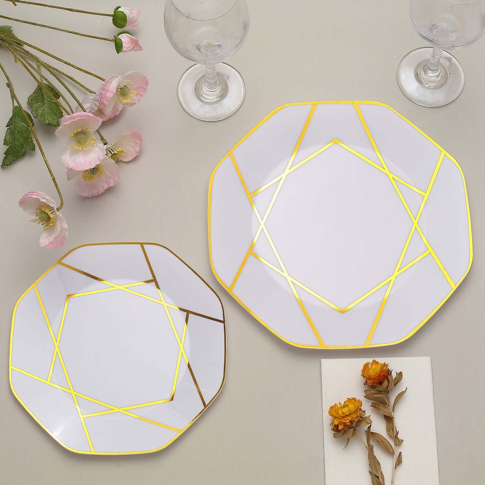 10-Pack Plastic Octagon Dessert Plates 8" White with Gold Geometric Design - Stylish Disposable Salad/Appetizer Plates for Modern & Sophisticated Tablescape - Image 5