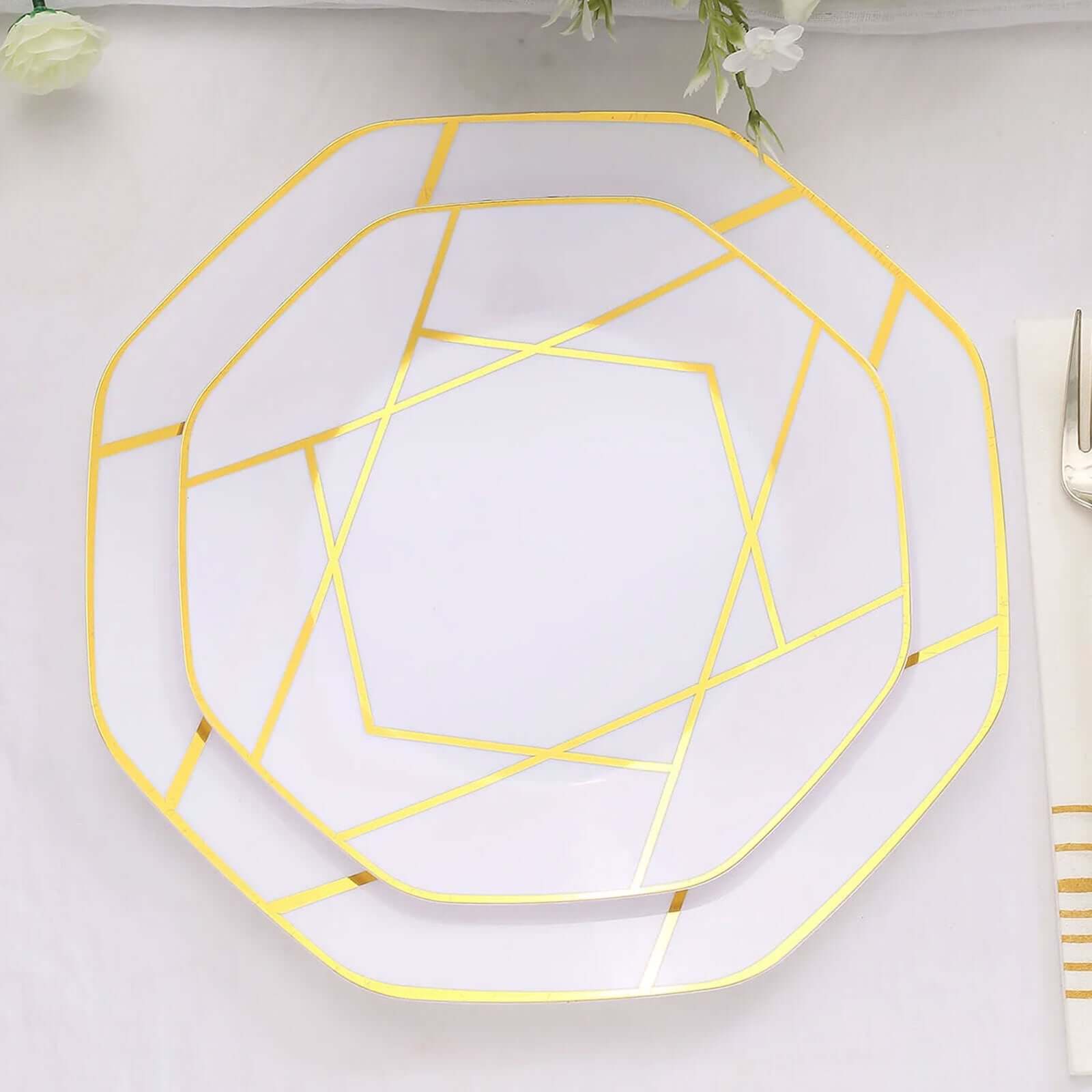 10-Pack Plastic Octagon Dessert Plates 8" White with Gold Geometric Design - Stylish Disposable Salad/Appetizer Plates for Modern & Sophisticated Tablescape - Image 6