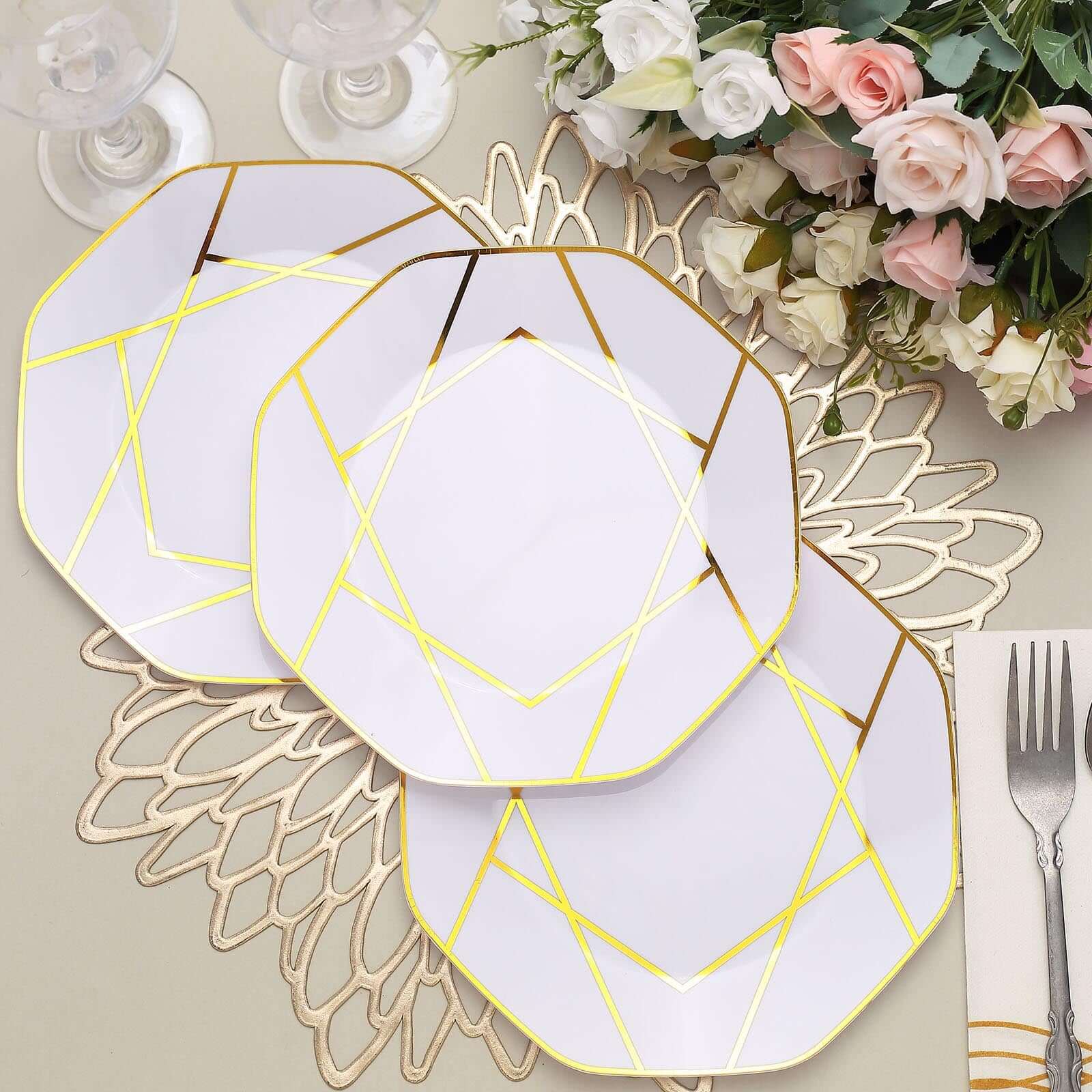 10-Pack Plastic Octagon Dessert Plates 8" White with Gold Geometric Design - Stylish Disposable Salad/Appetizer Plates for Modern & Sophisticated Tablescape - Image 8