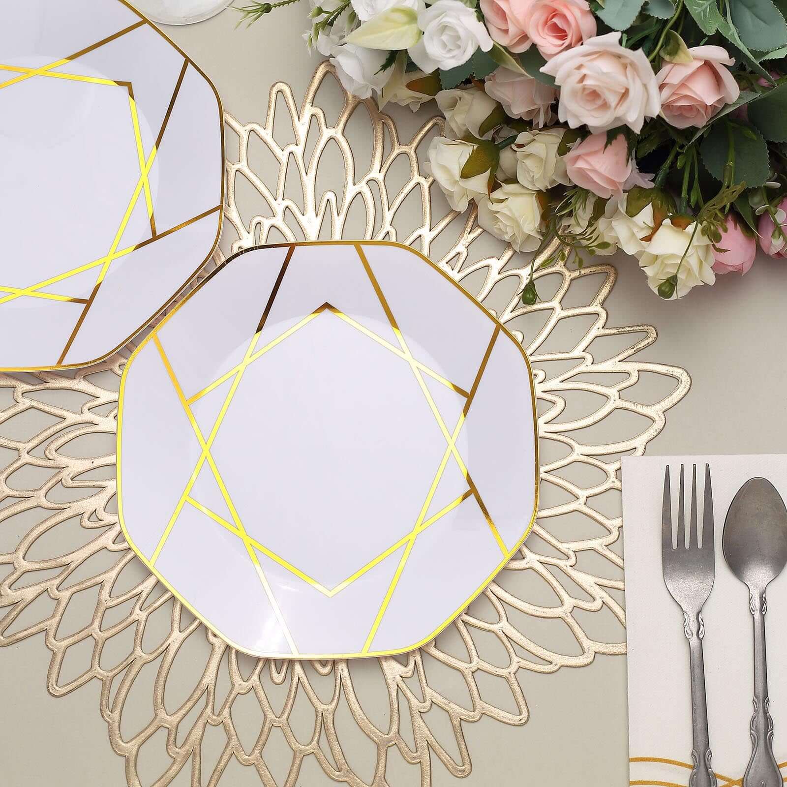 10-Pack Plastic Octagon Dessert Plates 8" White with Gold Geometric Design - Stylish Disposable Salad/Appetizer Plates for Modern & Sophisticated Tablescape - Image 9