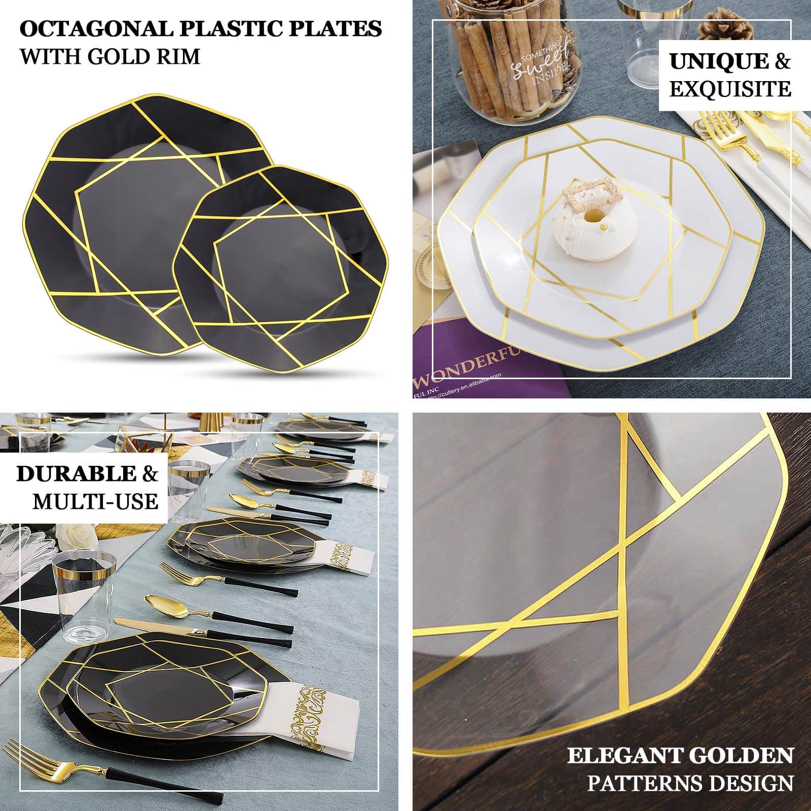 10-Pack Plastic Octagon Dinner Plates 10" Black with Gold Geometric Design - Stylish Disposable Party Plates - Image 4