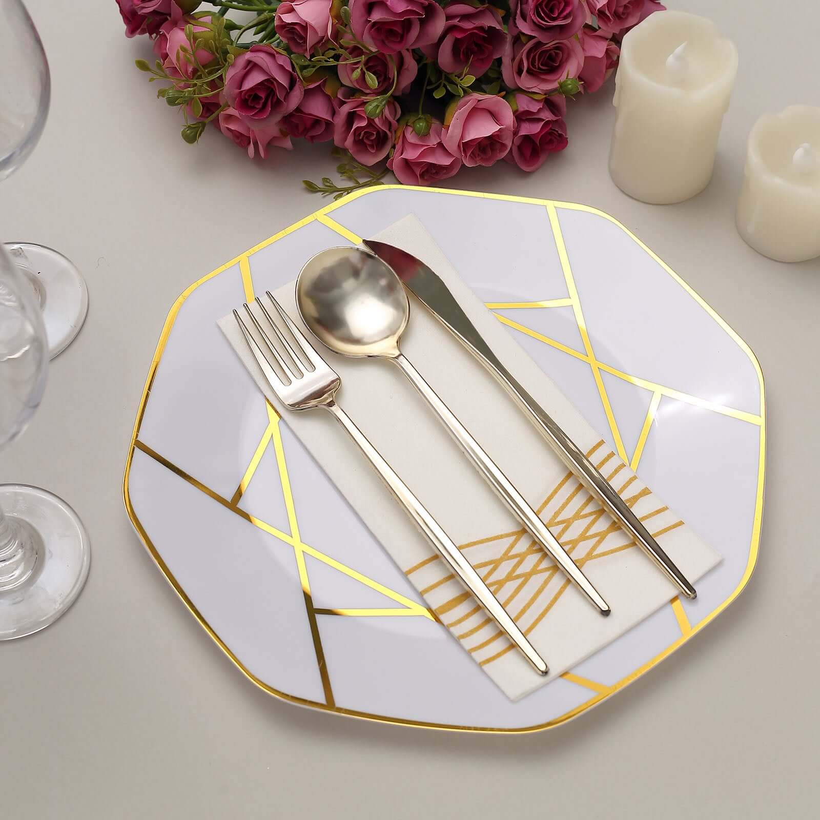 10-Pack Plastic Octagon Dinner Plates 10" White with Gold Geometric Design - Stylish Disposable Party Plates for Modern & Sophisticated Tablescape - Image 10