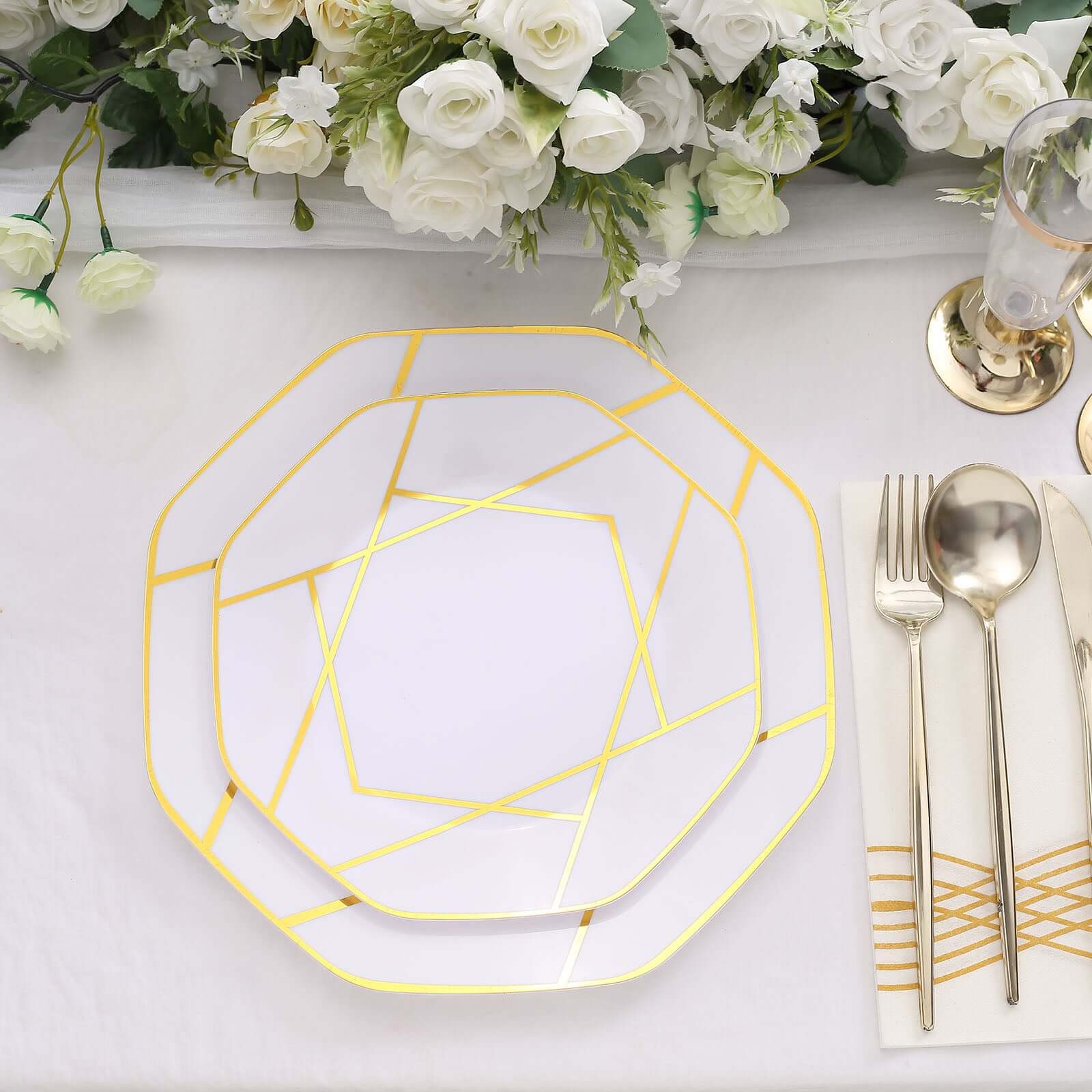 10-Pack Plastic Octagon Dinner Plates 10" White with Gold Geometric Design - Stylish Disposable Party Plates for Modern & Sophisticated Tablescape - Image 11