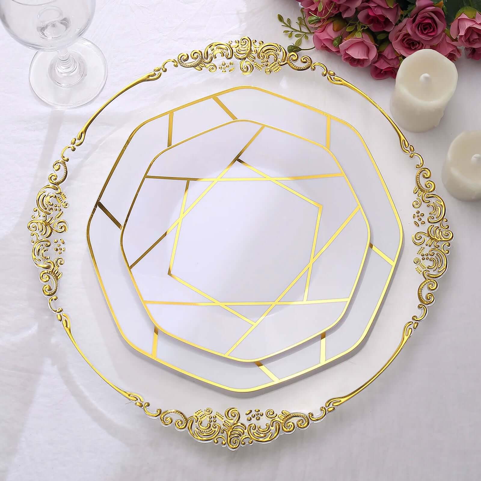 10-Pack Plastic Octagon Dinner Plates 10" White with Gold Geometric Design - Stylish Disposable Party Plates for Modern & Sophisticated Tablescape - Image 5