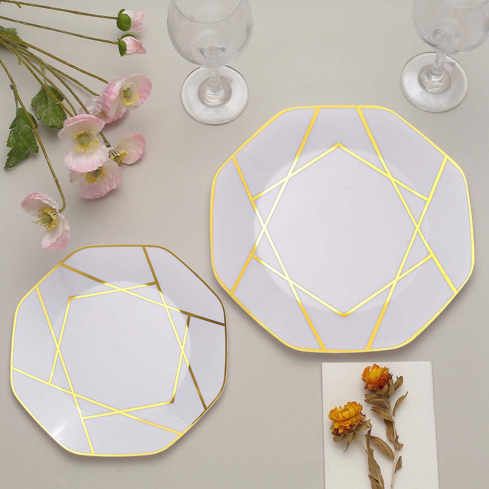 10-Pack Plastic Octagon Dinner Plates 10" White with Gold Geometric Design - Stylish Disposable Party Plates for Modern & Sophisticated Tablescape - Image 6
