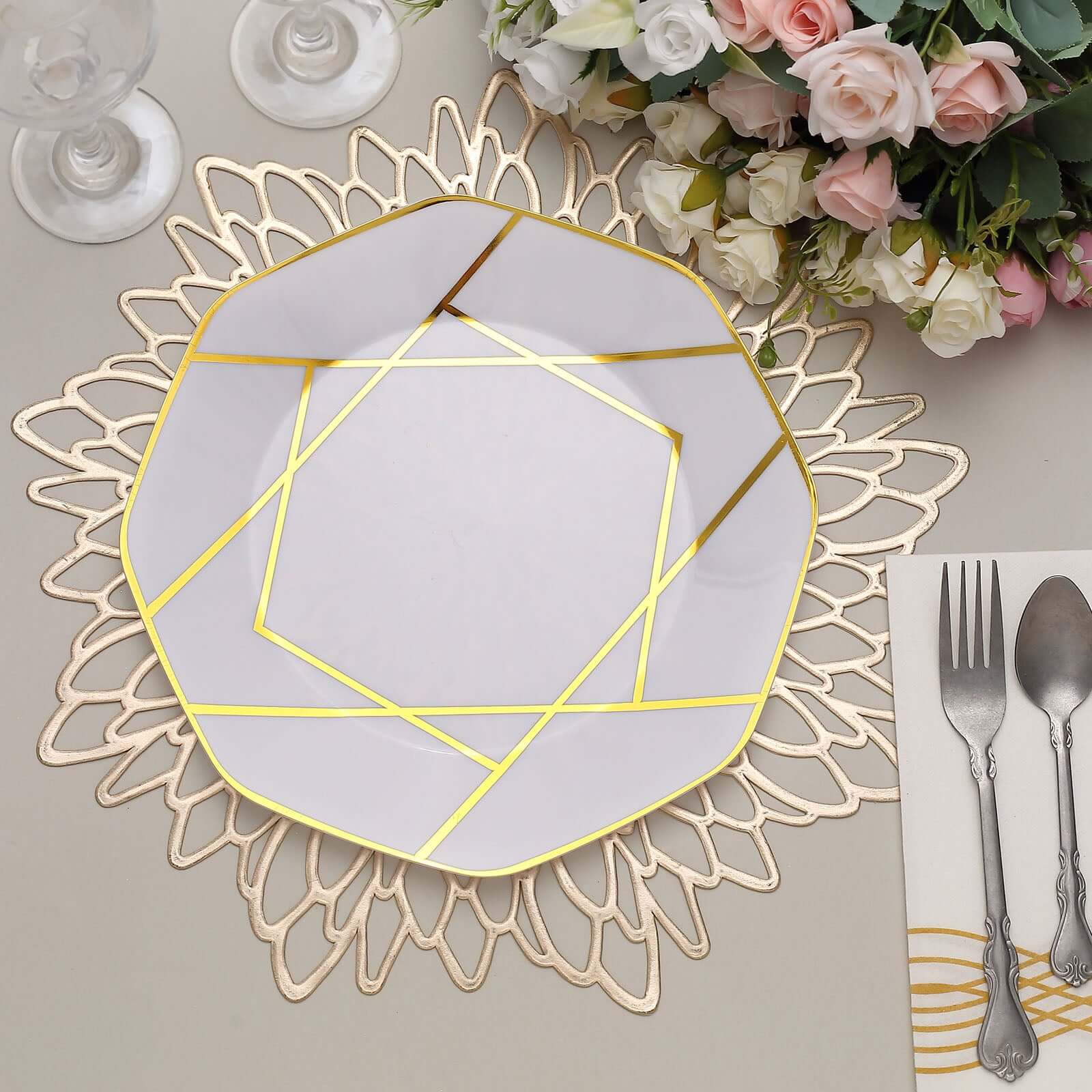 10-Pack Plastic Octagon Dinner Plates 10" White with Gold Geometric Design - Stylish Disposable Party Plates for Modern & Sophisticated Tablescape - Image 8