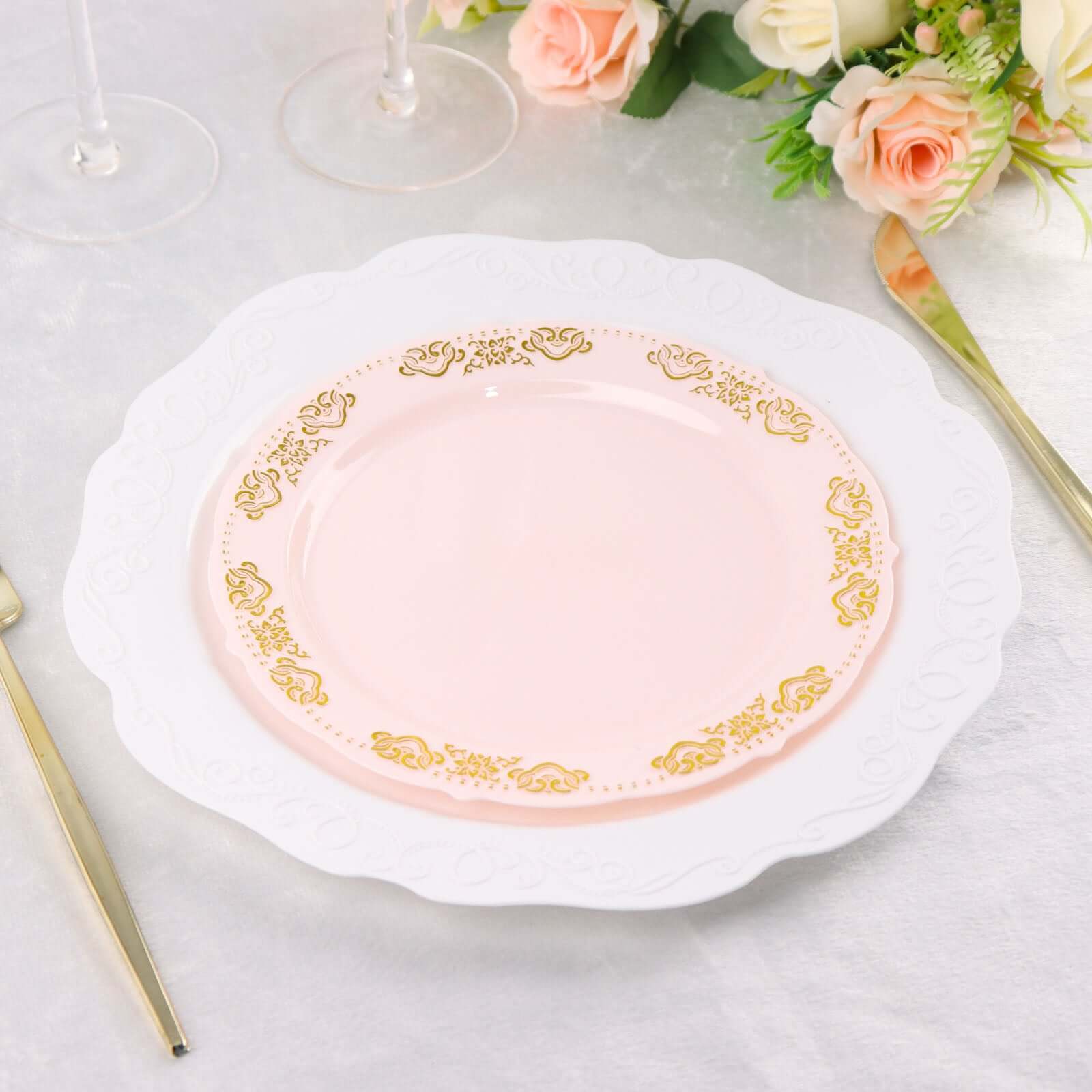 10-Pack Plastic Round Appetizer Plates 7.5" Blush with Gold Embossed Scalloped Edge - Stylish Disposable Salad Plates - Image 12