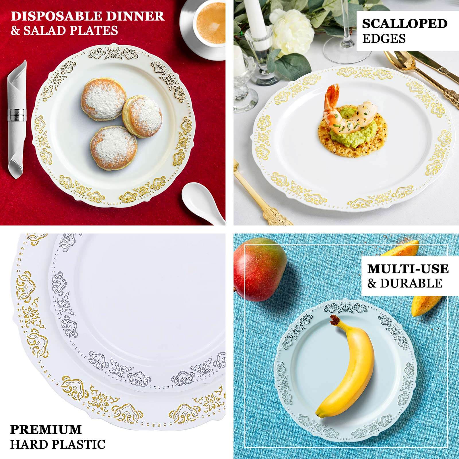 10-Pack Plastic Round Appetizer Plates 7.5" Blush with Gold Embossed Scalloped Edge - Stylish Disposable Salad Plates - Image 4