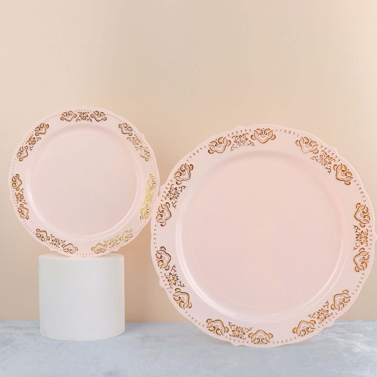 10-Pack Plastic Round Appetizer Plates 7.5" Blush with Gold Embossed Scalloped Edge - Stylish Disposable Salad Plates - Image 6