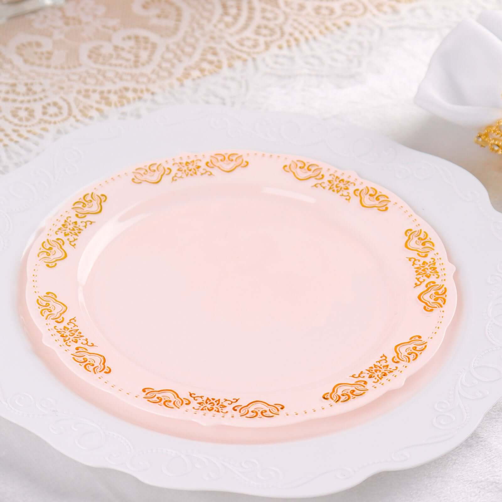 10-Pack Plastic Round Appetizer Plates 7.5" Blush with Gold Embossed Scalloped Edge - Stylish Disposable Salad Plates - Image 8