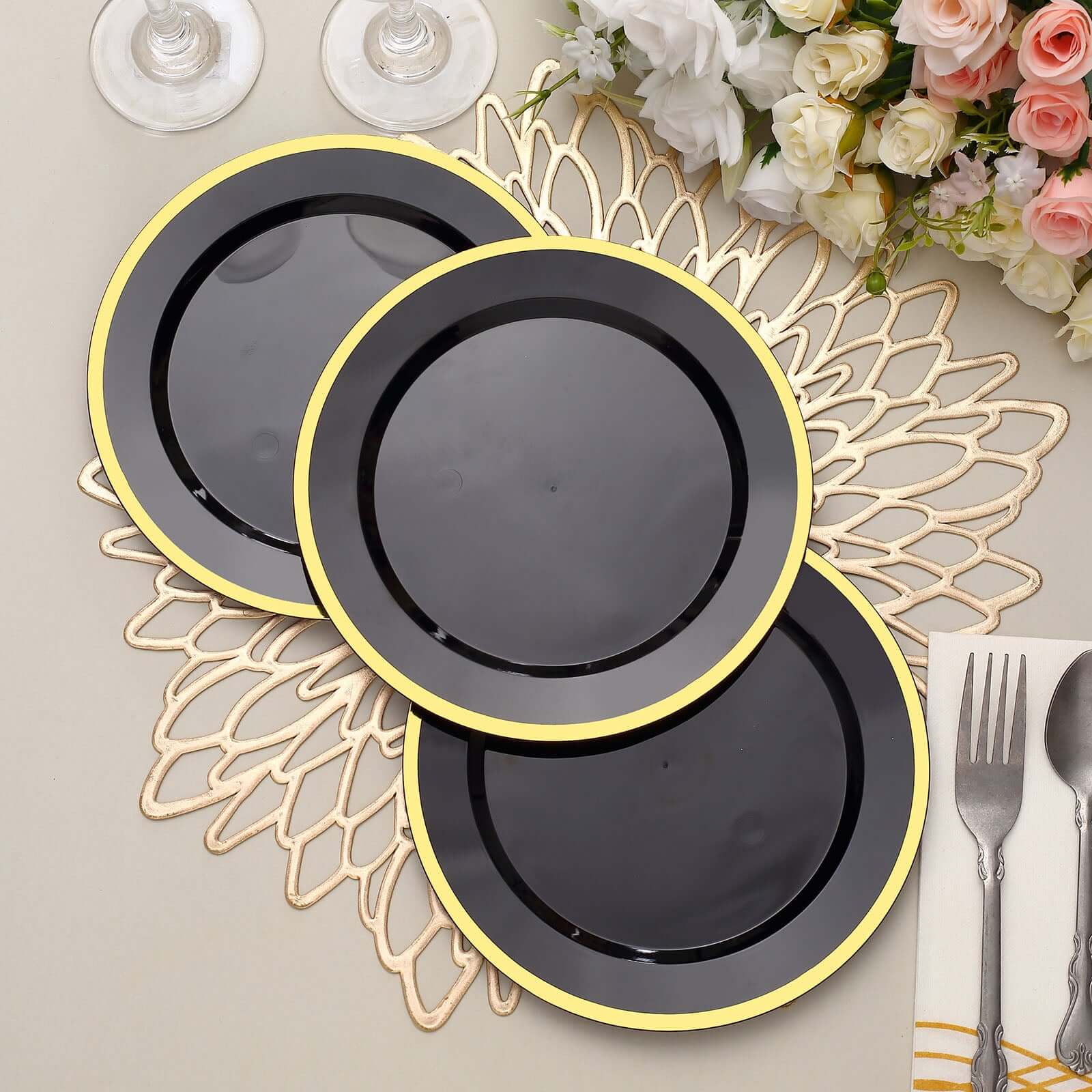 10-Pack Plastic Round Appetizer Plates 7" Black with Gold Rim - Classy Disposable Salad Plates - Image 4