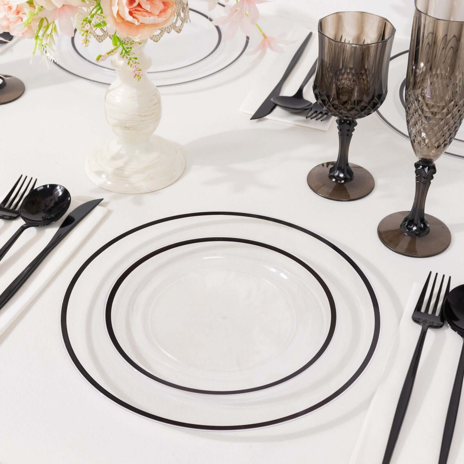 10-Pack Plastic Round Appetizer Plates 7" Clear with Black Rim - Classy Disposable Salad Plates - Image 8