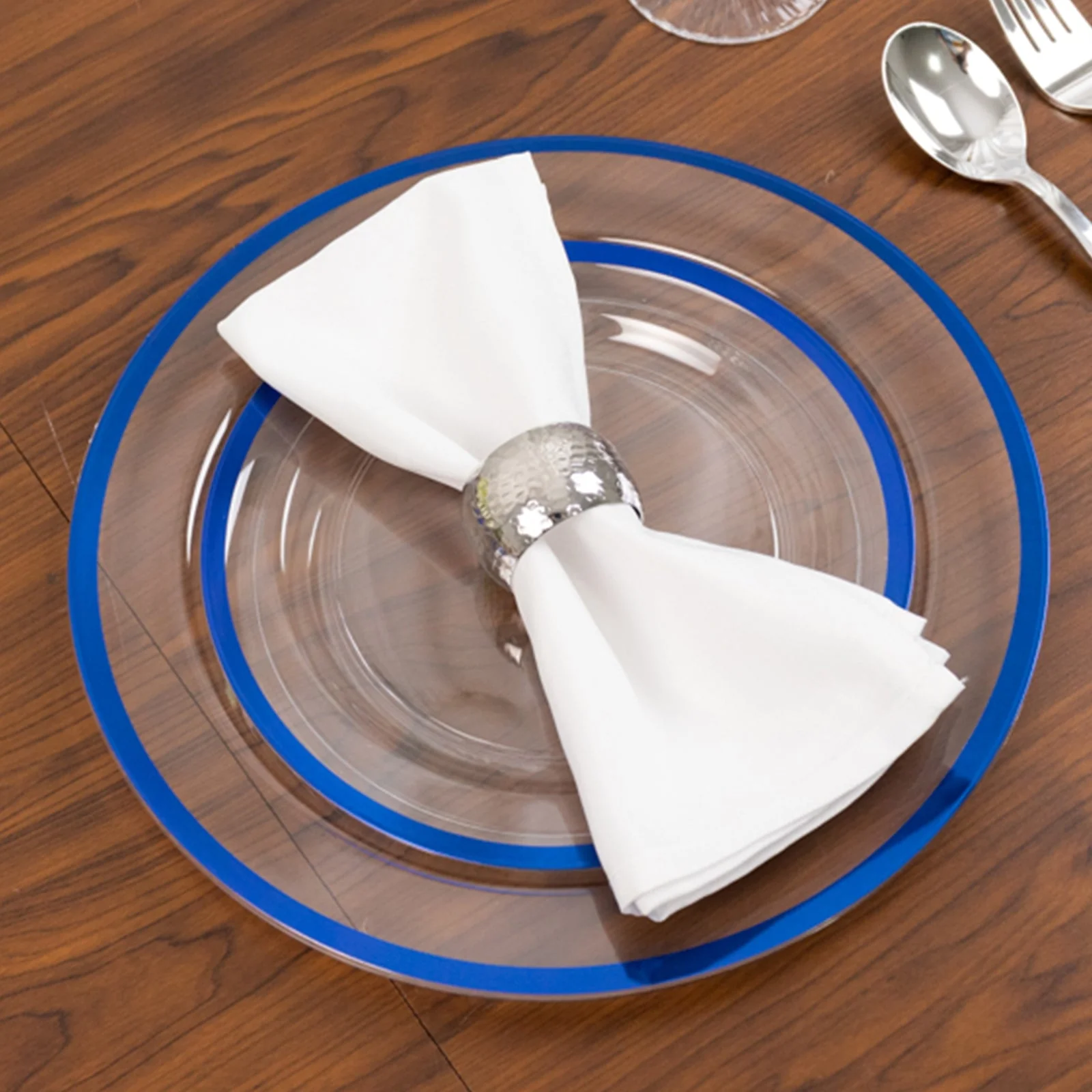 10-Pack Plastic Round Appetizer Plates 7" Clear with Blue Rim - Classy Disposable Salad Plates - Image 7