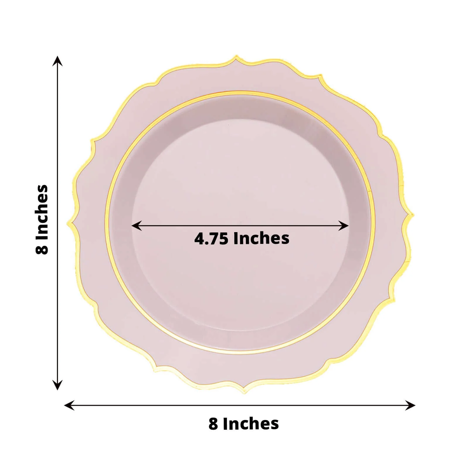 10-Pack Plastic Round Dessert Plates 8" Blush with Gold Scalloped Rim - Disposable Appetizer/Salad Plates - Image 3