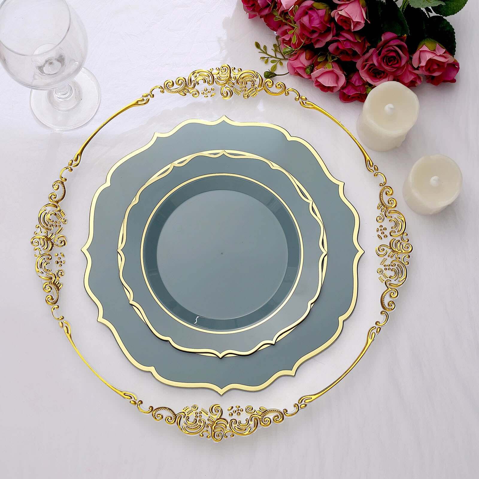 10-Pack Plastic Round Dessert Plates 8" Dusty Blue with Gold Scalloped Rim - Disposable Appetizer/Salad Plates - Image 2