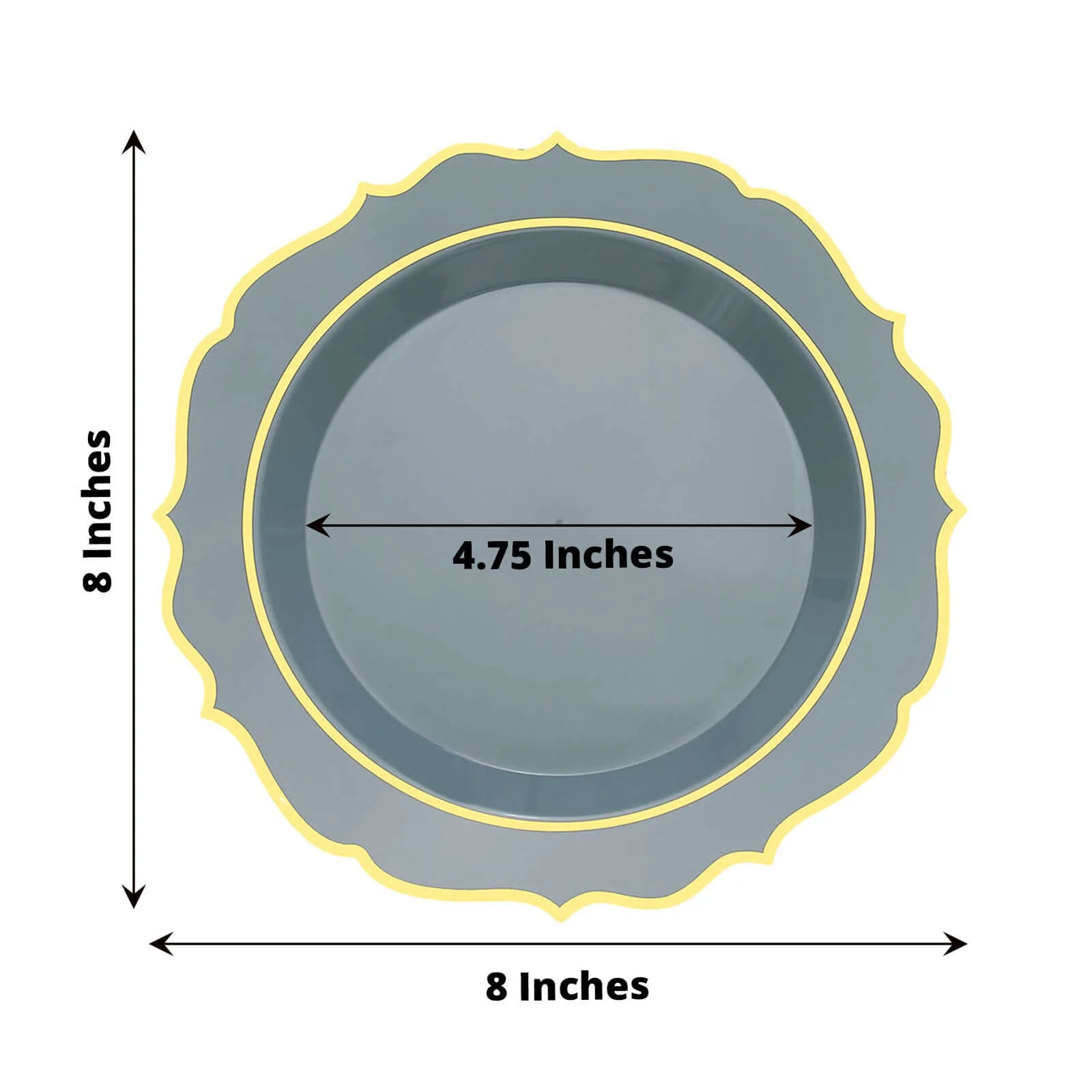 10-Pack Plastic Round Dessert Plates 8" Dusty Blue with Gold Scalloped Rim - Disposable Appetizer/Salad Plates - Image 3