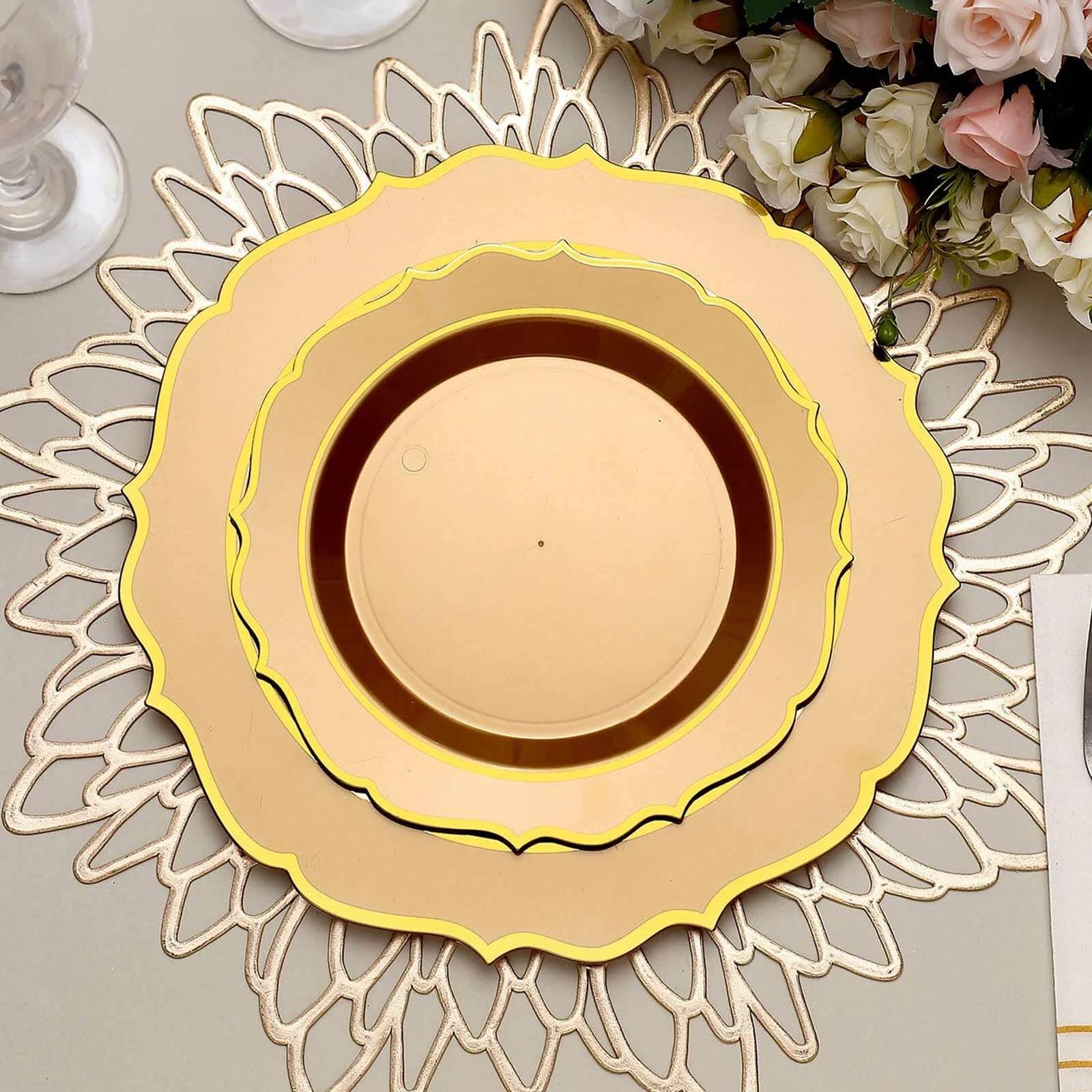 10-Pack Plastic Round Dessert Plates 8" Gold with Gold Scalloped Rim - Disposable Appetizer/Salad Plates