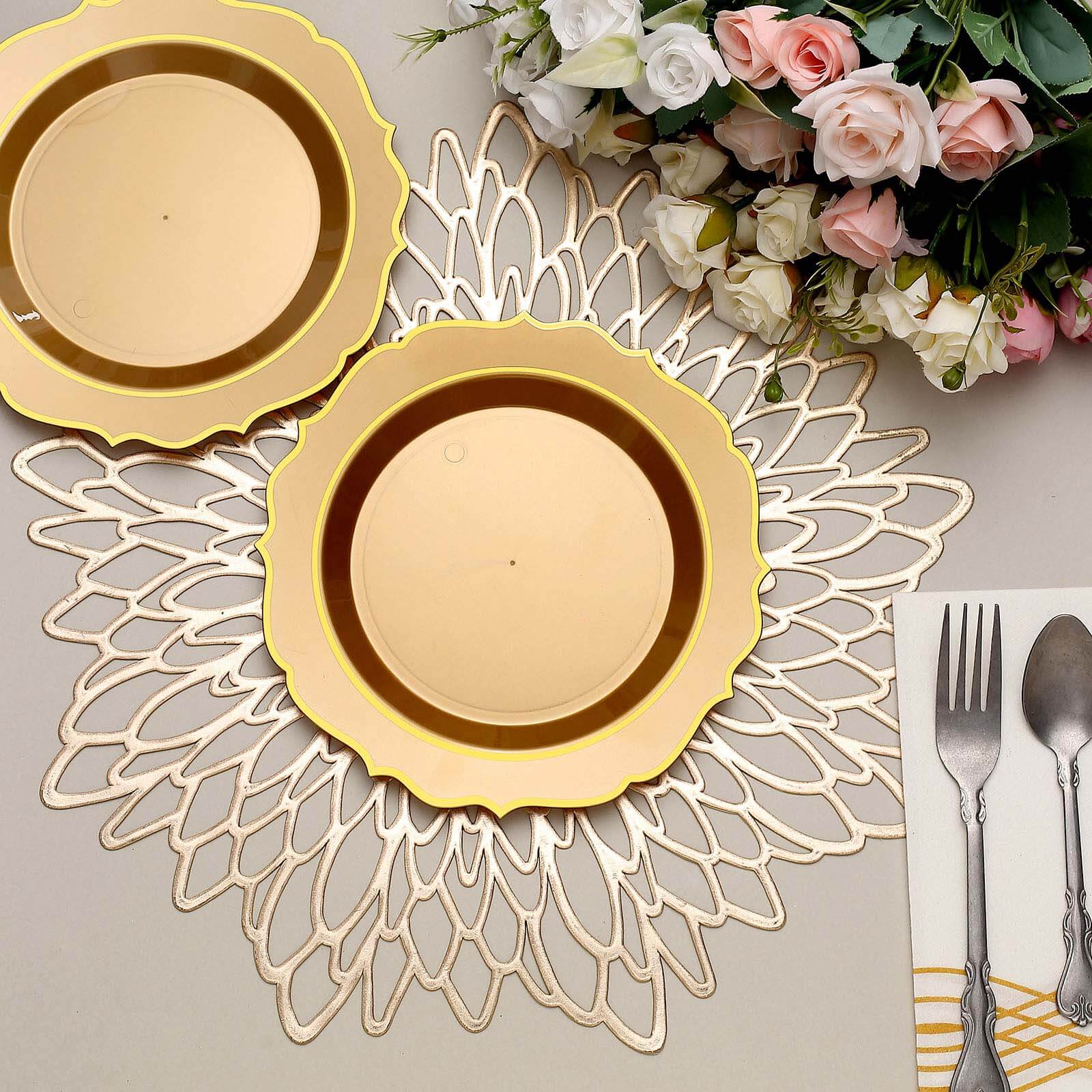 10-Pack Plastic Round Dessert Plates 8" Gold with Gold Scalloped Rim - Disposable Appetizer/Salad Plates - Image 10