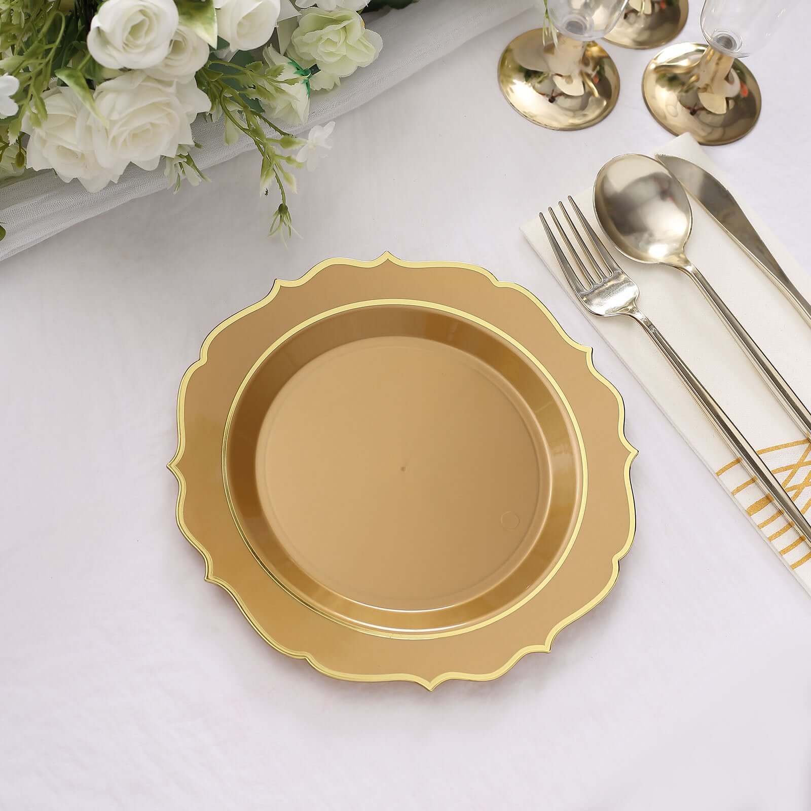10-Pack Plastic Round Dessert Plates 8" Gold with Gold Scalloped Rim - Disposable Appetizer/Salad Plates - Image 13