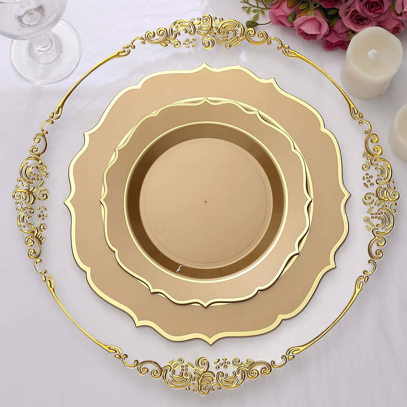 10-Pack Plastic Round Dessert Plates 8" Gold with Gold Scalloped Rim - Disposable Appetizer/Salad Plates - Image 6
