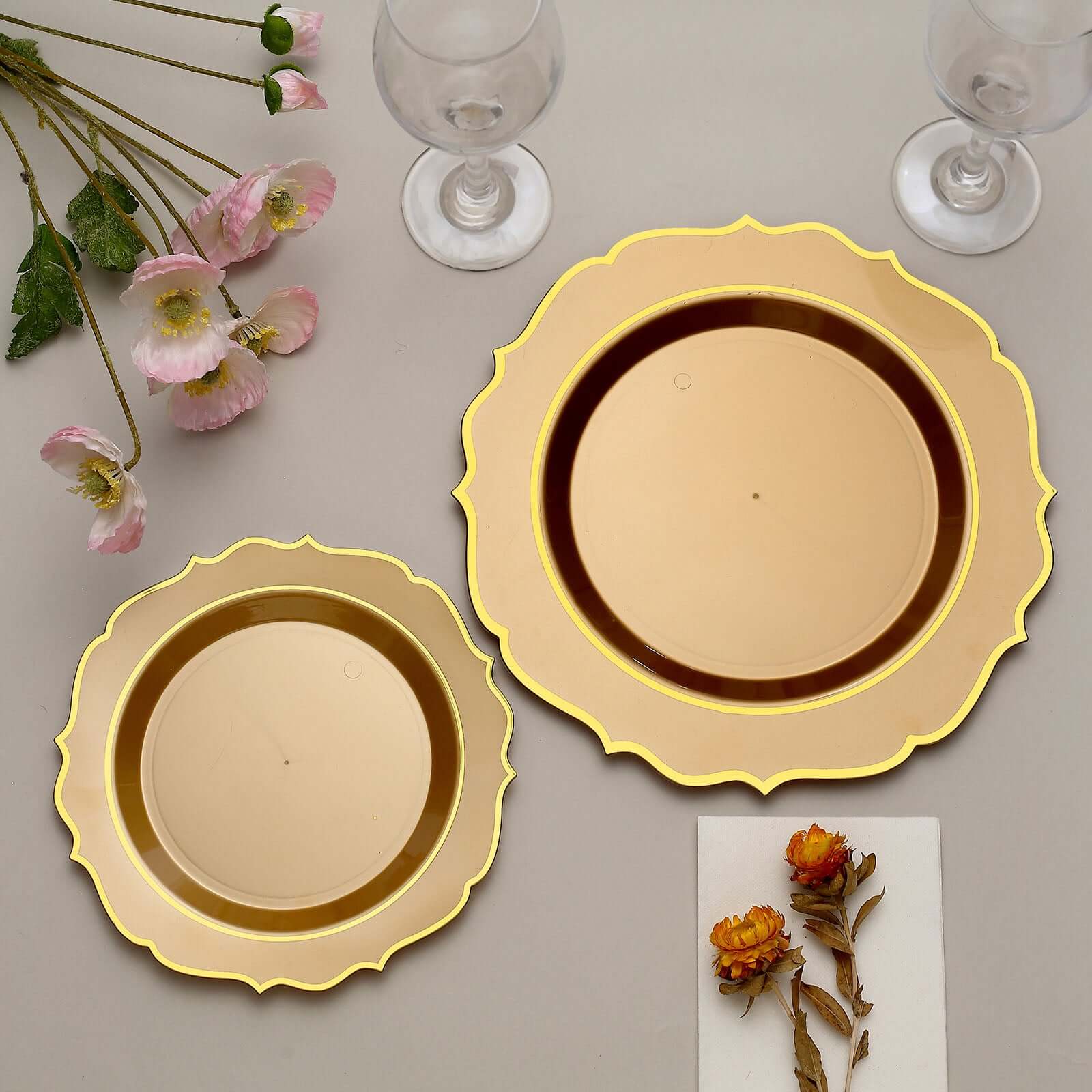 10-Pack Plastic Round Dessert Plates 8" Gold with Gold Scalloped Rim - Disposable Appetizer/Salad Plates - Image 9