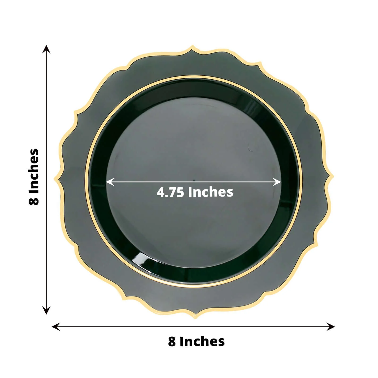10-Pack Plastic Round Dessert Plates 8" Hunter Emerald Green with Gold Scalloped Rim - Disposable Appetizer/Salad Plates - Image 3