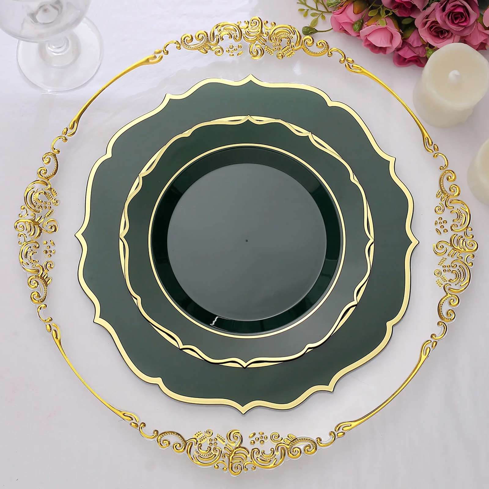 10-Pack Plastic Round Dessert Plates 8" Hunter Emerald Green with Gold Scalloped Rim - Disposable Appetizer/Salad Plates - Image 6