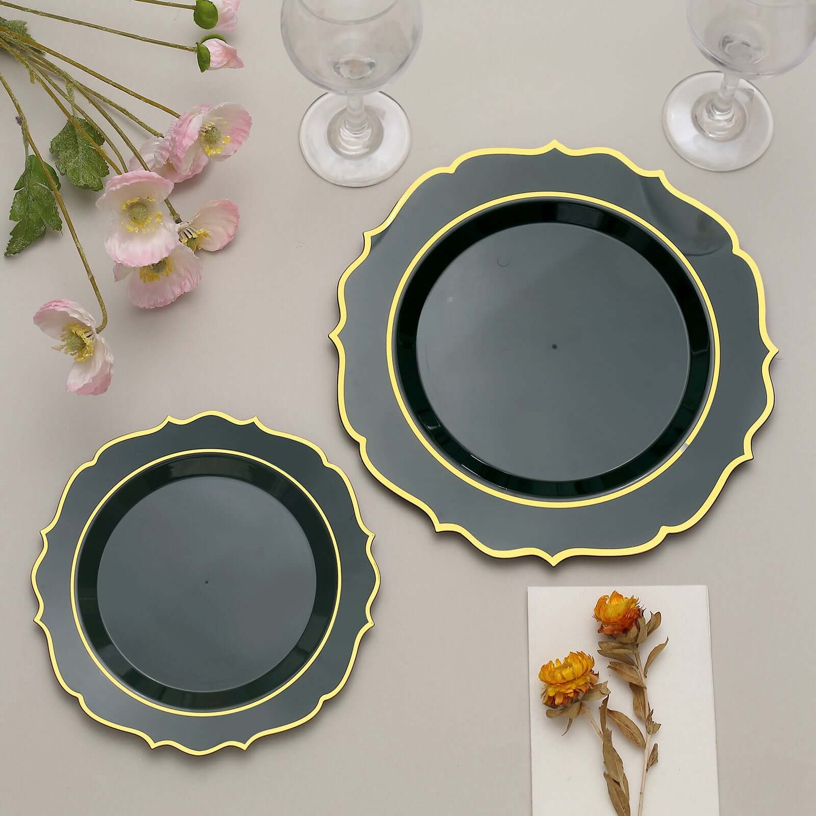 10-Pack Plastic Round Dessert Plates 8" Hunter Emerald Green with Gold Scalloped Rim - Disposable Appetizer/Salad Plates - Image 8