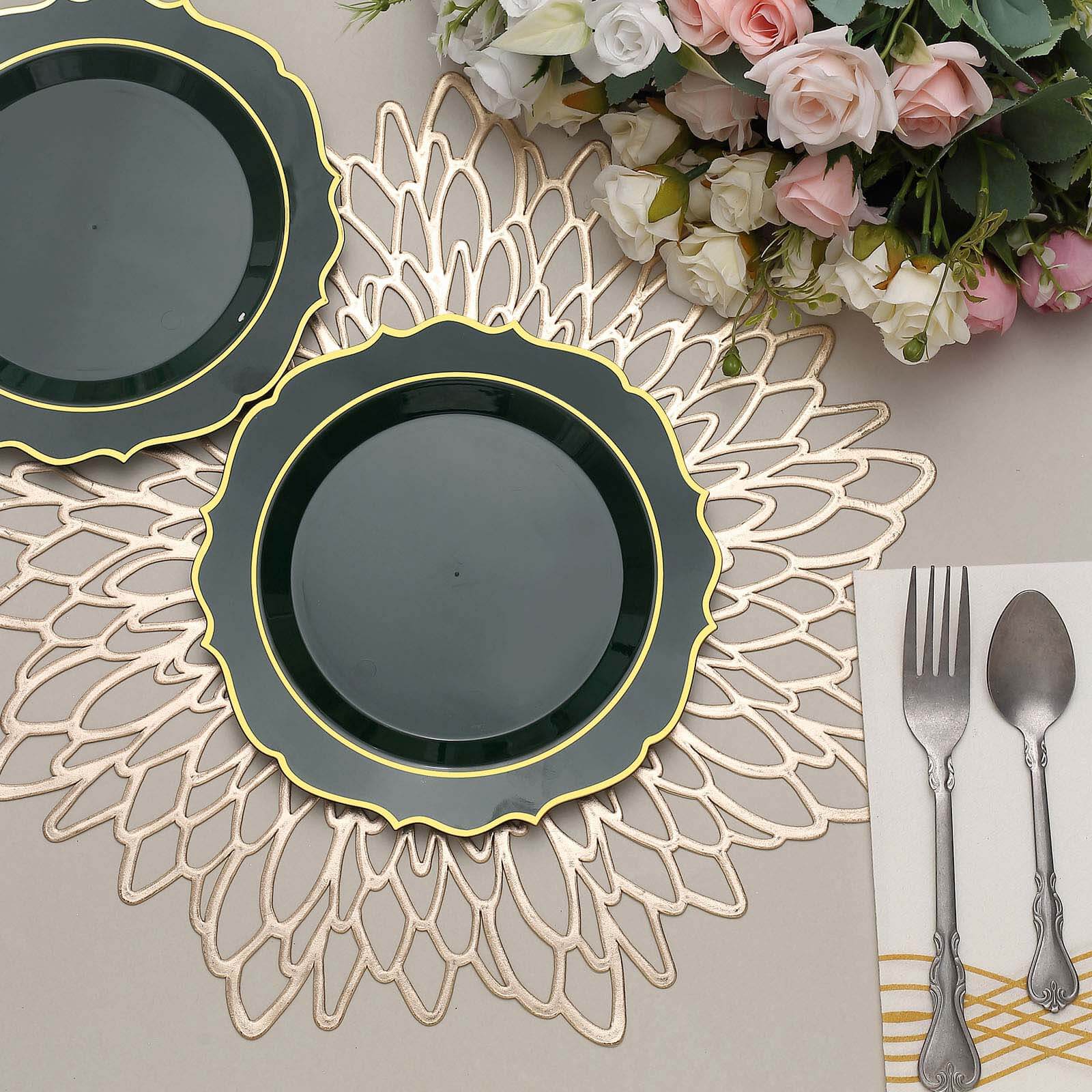 10-Pack Plastic Round Dessert Plates 8" Hunter Emerald Green with Gold Scalloped Rim - Disposable Appetizer/Salad Plates - Image 9