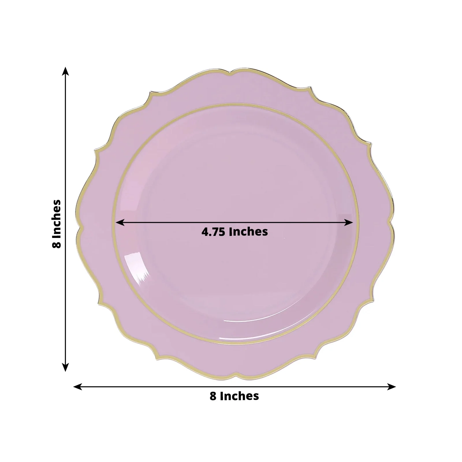 10-Pack Plastic Round Dessert Plates 8" Lavender Lilac with Gold Scalloped Rim - Disposable Appetizer/Salad Plates - Image 2