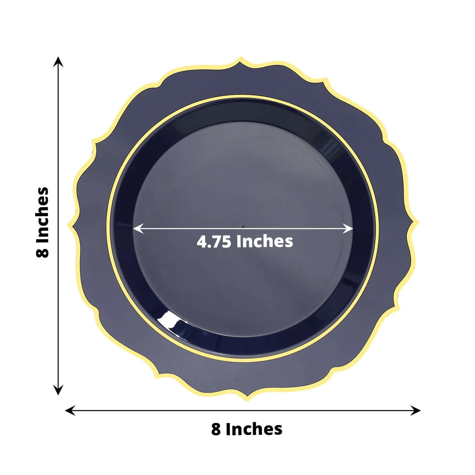 10-Pack Plastic Round Dessert Plates 8" Navy Blue with Gold Scalloped Rim - Disposable Appetizer/Salad Plates - Image 3