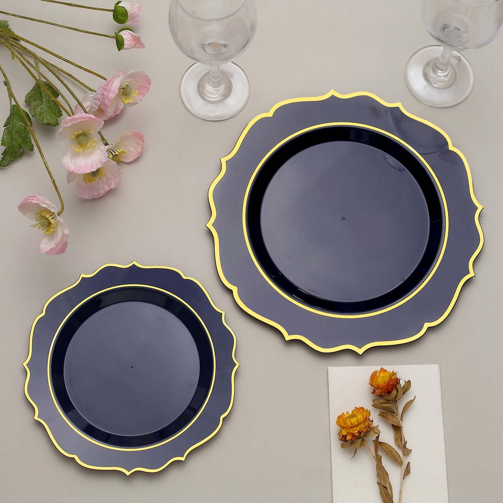 10-Pack Plastic Round Dessert Plates 8" Navy Blue with Gold Scalloped Rim - Disposable Appetizer/Salad Plates - Image 9