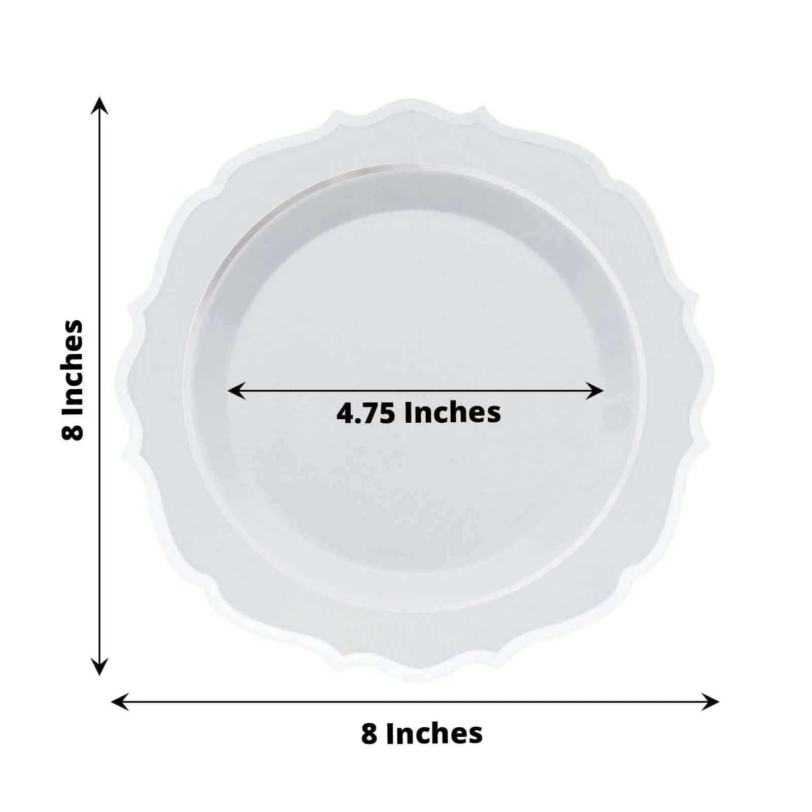10-Pack Plastic Round Dessert Plates 8" White with Silver Scalloped Rim - Disposable Appetizer/Salad Plates - Image 3