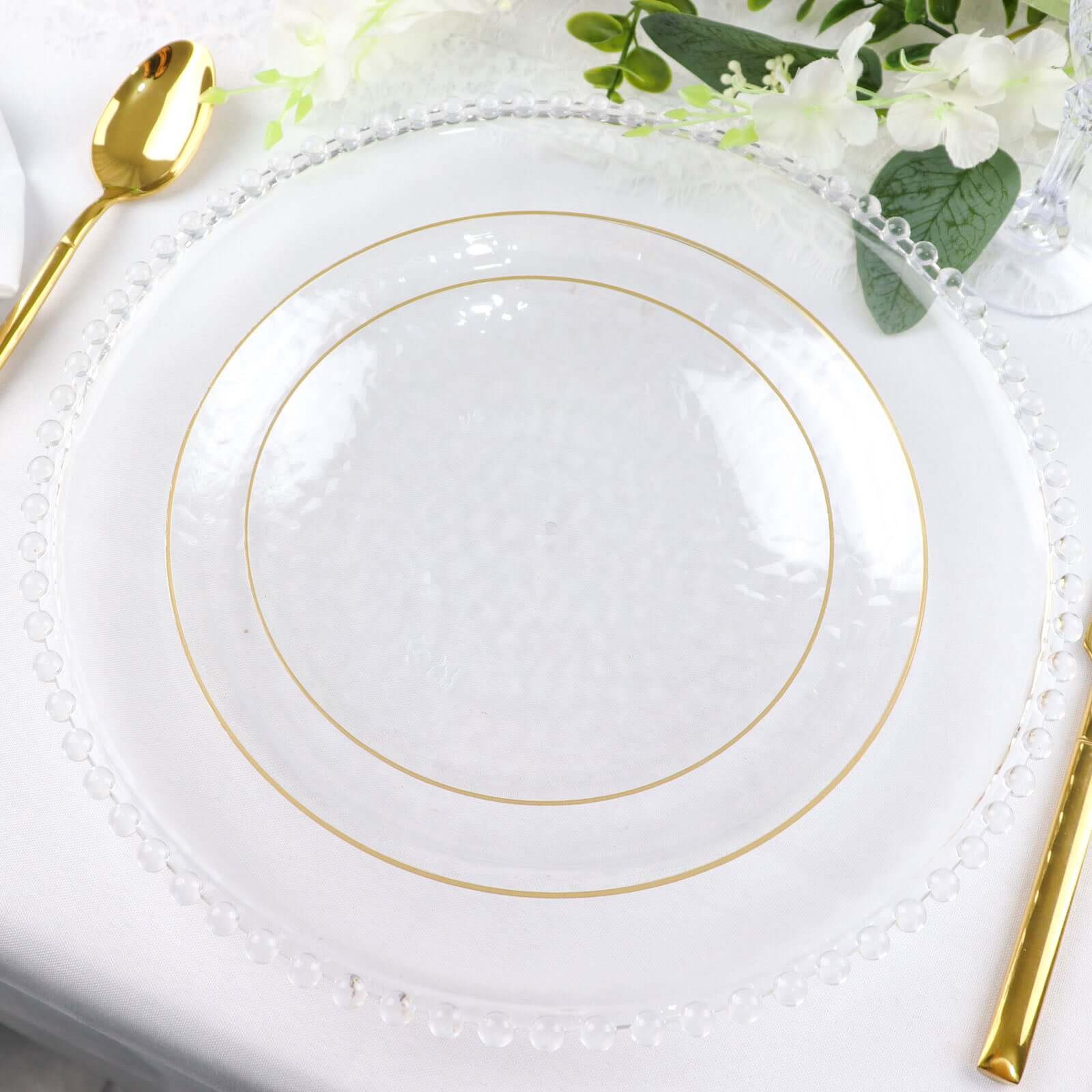 10-Pack Plastic Round Dessert Appetizer Plates 7" Clear Hammered Design with Gold Rim - Modern Disposable Salad Plates for Buffets & Catered Events - Image 2