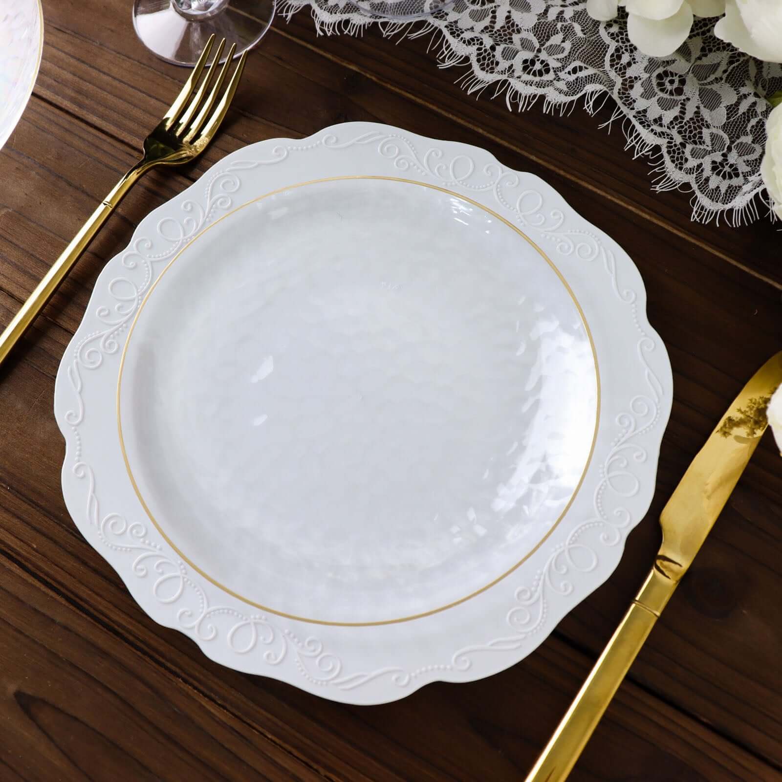 10-Pack Plastic Round Dessert Appetizer Plates 7" Clear Hammered Design with Gold Rim - Modern Disposable Salad Plates for Buffets & Catered Events - Image 7